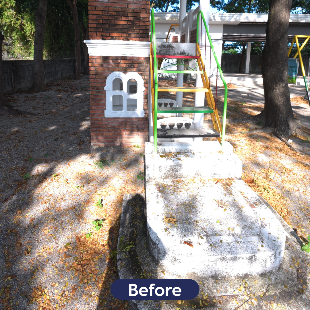 Outdoor playhouse stairs with heavy black algae and organic staining before professional softwash cleaning in the Philippines.