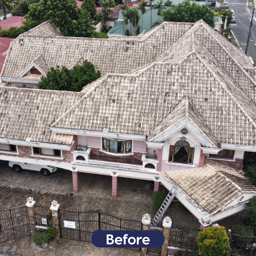 Professional roof cleaning before and after showcasing organic growth and dark stains on concrete roof tiles in the Philippines.