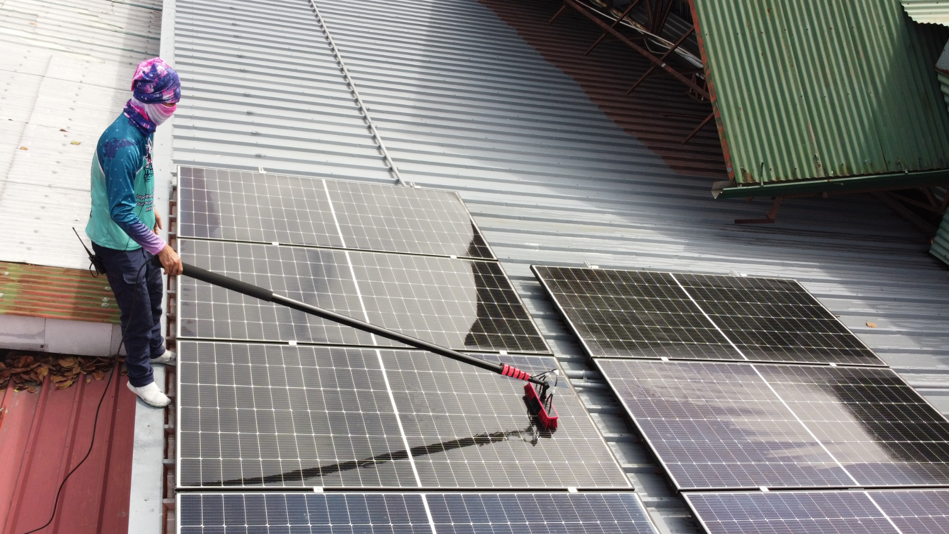 Tingkad Softwash professional using a soft-bristle water-fed pole brush to safely clean residential solar panels on a metal roof.