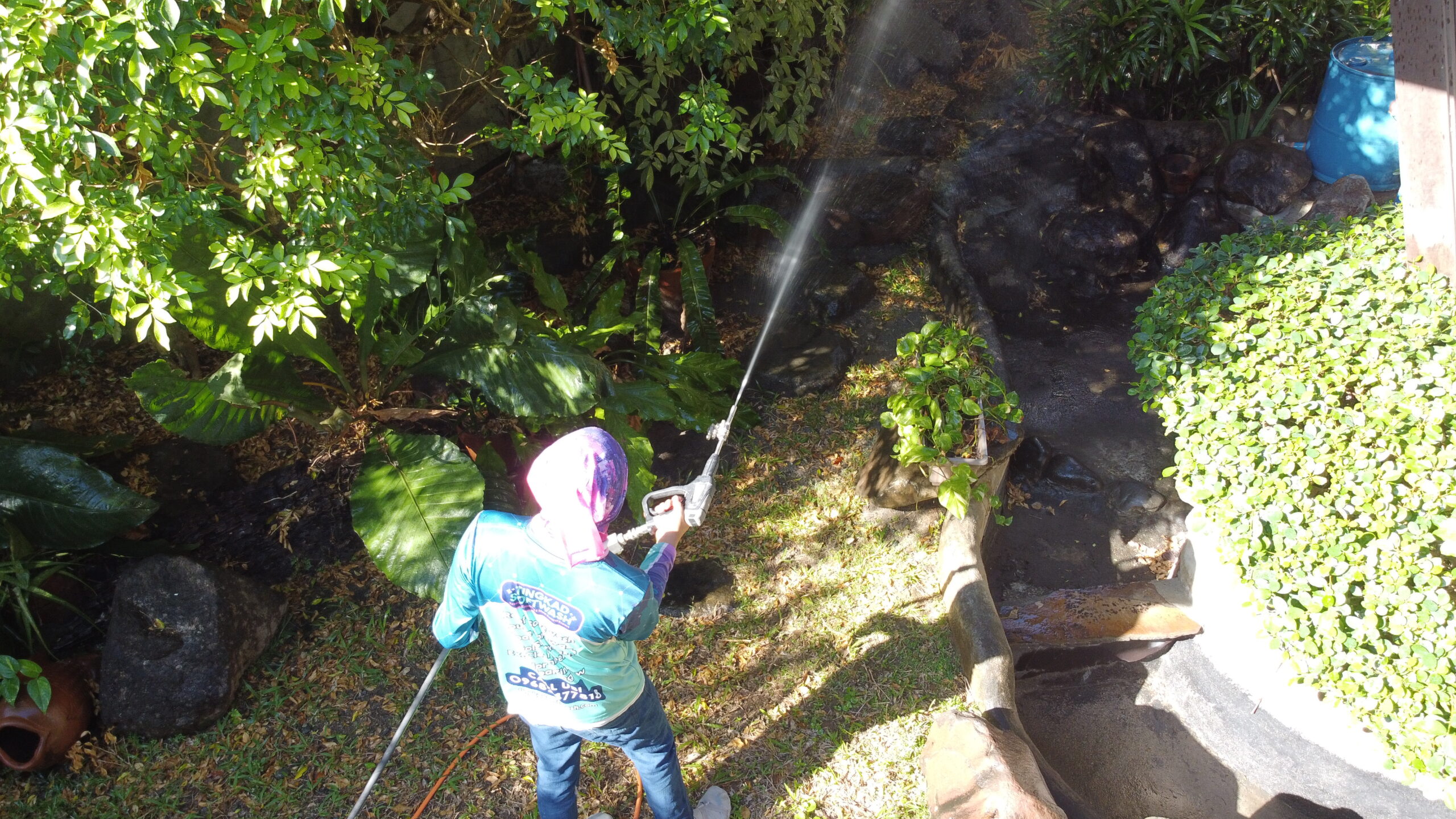 Overhead view of a Tingkad Softwash team member continuously watering garden bushes to keep plants safe during exterior cleaning.